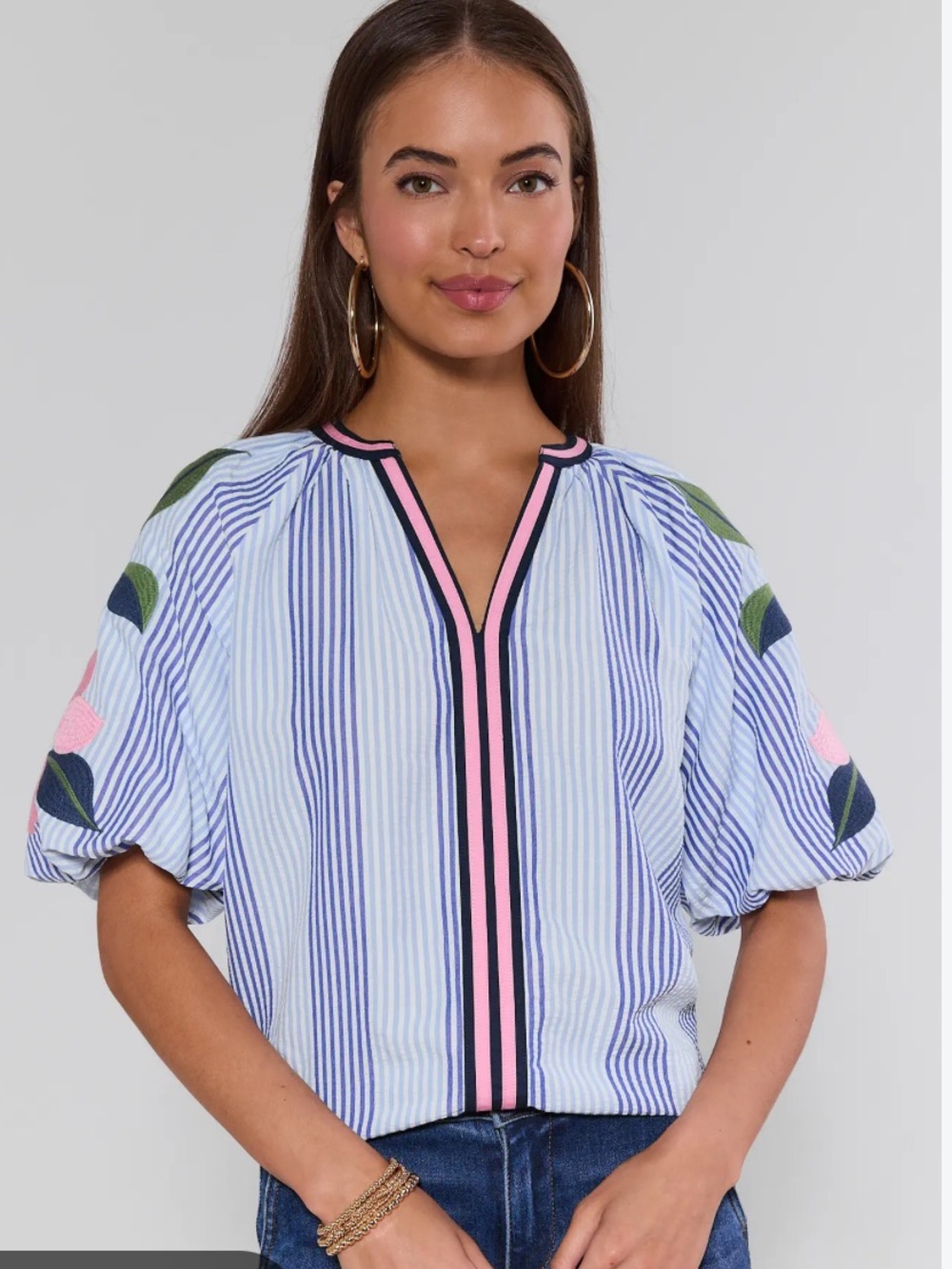 THML Blue and Pink Striped Puff Sleeve Blouse